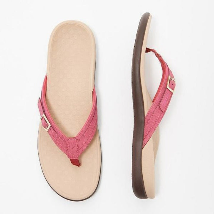 Paire de tongs roses à boucle dorée, vue de dessus et de profil 6