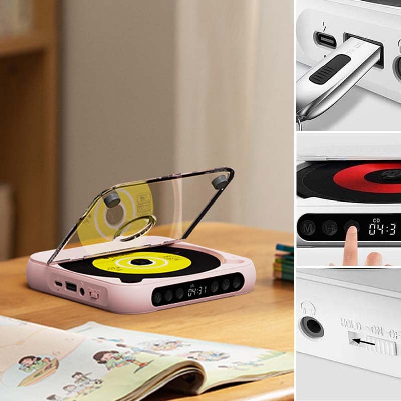 Lecteur rose ouvert sur un bureau avec un livre d'images, et trois détails à droite : clé USB, doigt sur les touches, interrupteur. 13