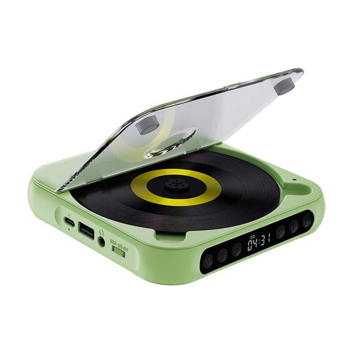 Lecteur vert couvercle transparent relevé, vu de trois quarts, avec disque à anneau jaune, ports sur le côté et boutons de commande. 15