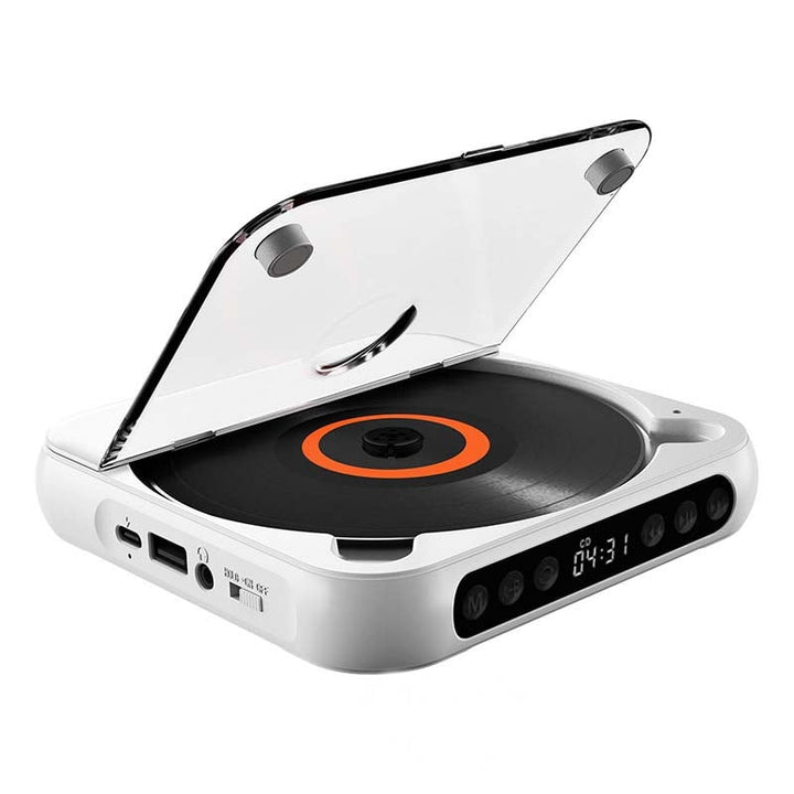 Lecteur blanc couvercle transparent relevé, vu de trois quarts sur fond uni, avec disque à anneau orange et écran numérique. 16