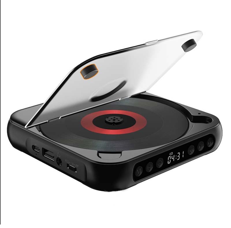 Lecteur noir couvercle transparent relevé, vu de trois quarts sur fond uni, avec disque à anneau rouge et boutons tactiles. 17