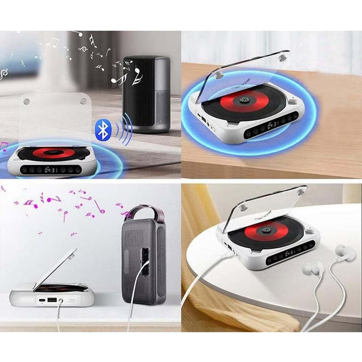 Quatre scènes d'usage du lecteur : connexion Bluetooth à une enceinte, câble audio vers une enceinte portable et écoute au casque. 2
