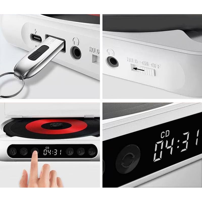 Quatre gros plans : port USB avec clé, prise casque et interrupteur, doigt sur les touches et écran d'affichage numérique. 3