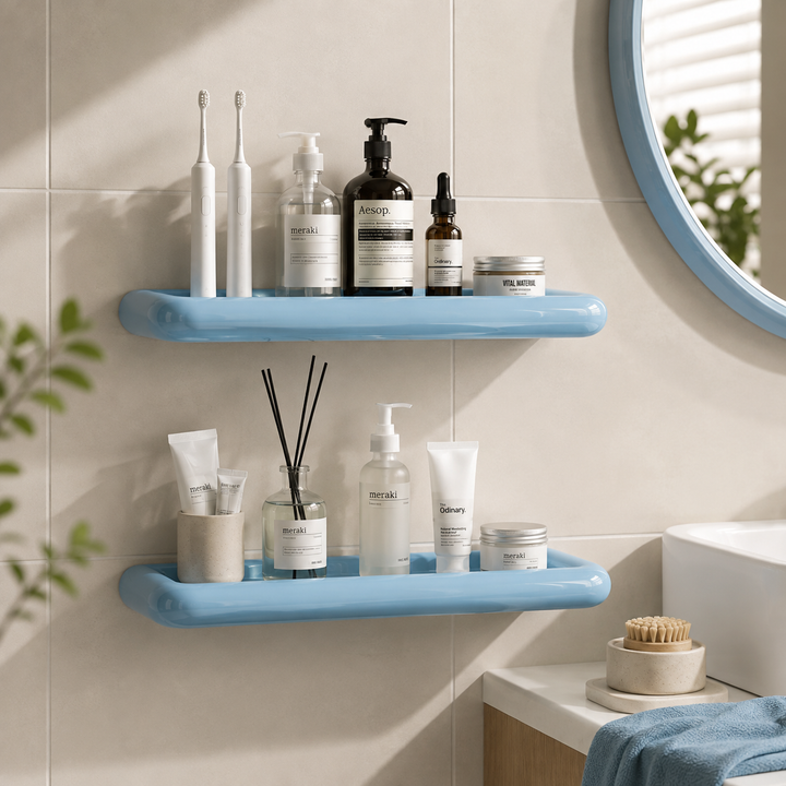Deux étagères bleu clair fixées au mur de la salle de bain, avec brosses à dents et cosmétiques 3