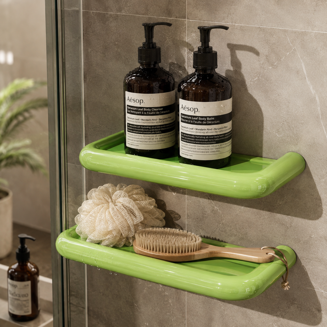 Deux étagères vert vif dans une douche, avec flacons de gel, fleur de douche et brosse en bois 6