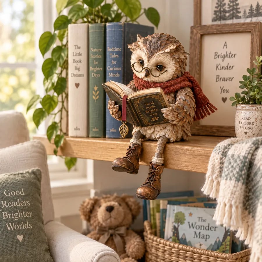 Chouette assise sur une étagère en bois dans un coin lecture, avec livres anciens, plante, ours en peluche et panier de livres. 9