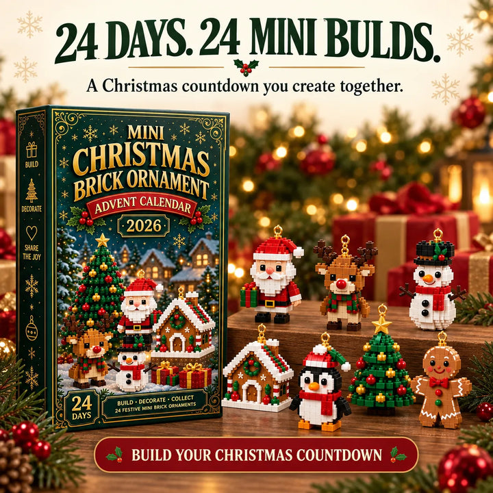 Boîte du calendrier à côté de sept figurines en briques posées sur des marches en bois devant un décor de Noël lumineux. 8