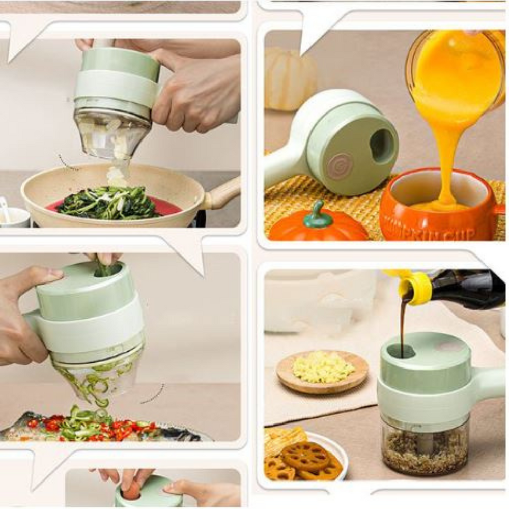 Quatre scènes d'utilisation : râper de l'ail, mixer une préparation orange, spiraliser et hacher avec une sauce 2