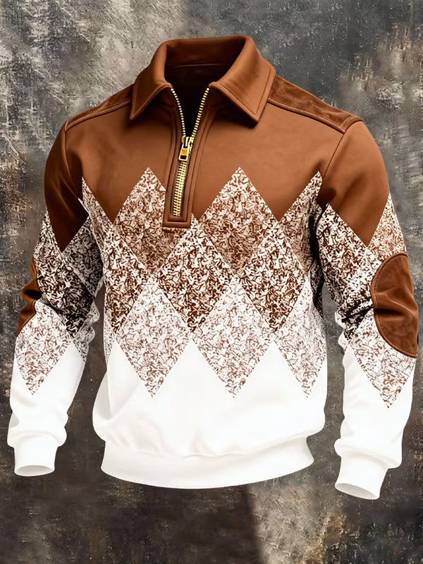 Pull marron et blanc à losanges chinés, col camionneur, zip doré et coudières marron 2