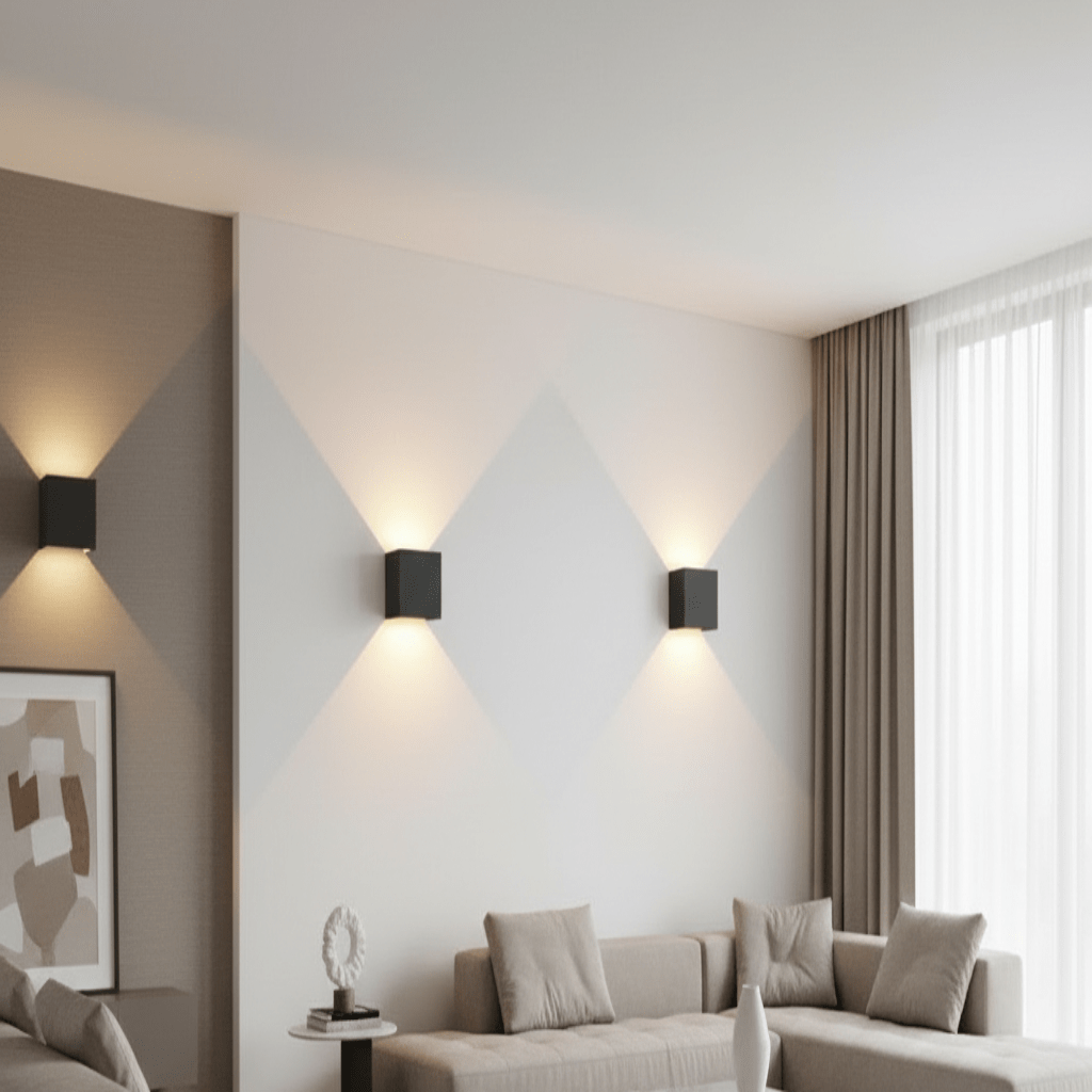 Trois appliques cubiques noires fixées au mur d'un salon clair, projetant des faisceaux de lumière chaude vers le haut et vers le bas. 1