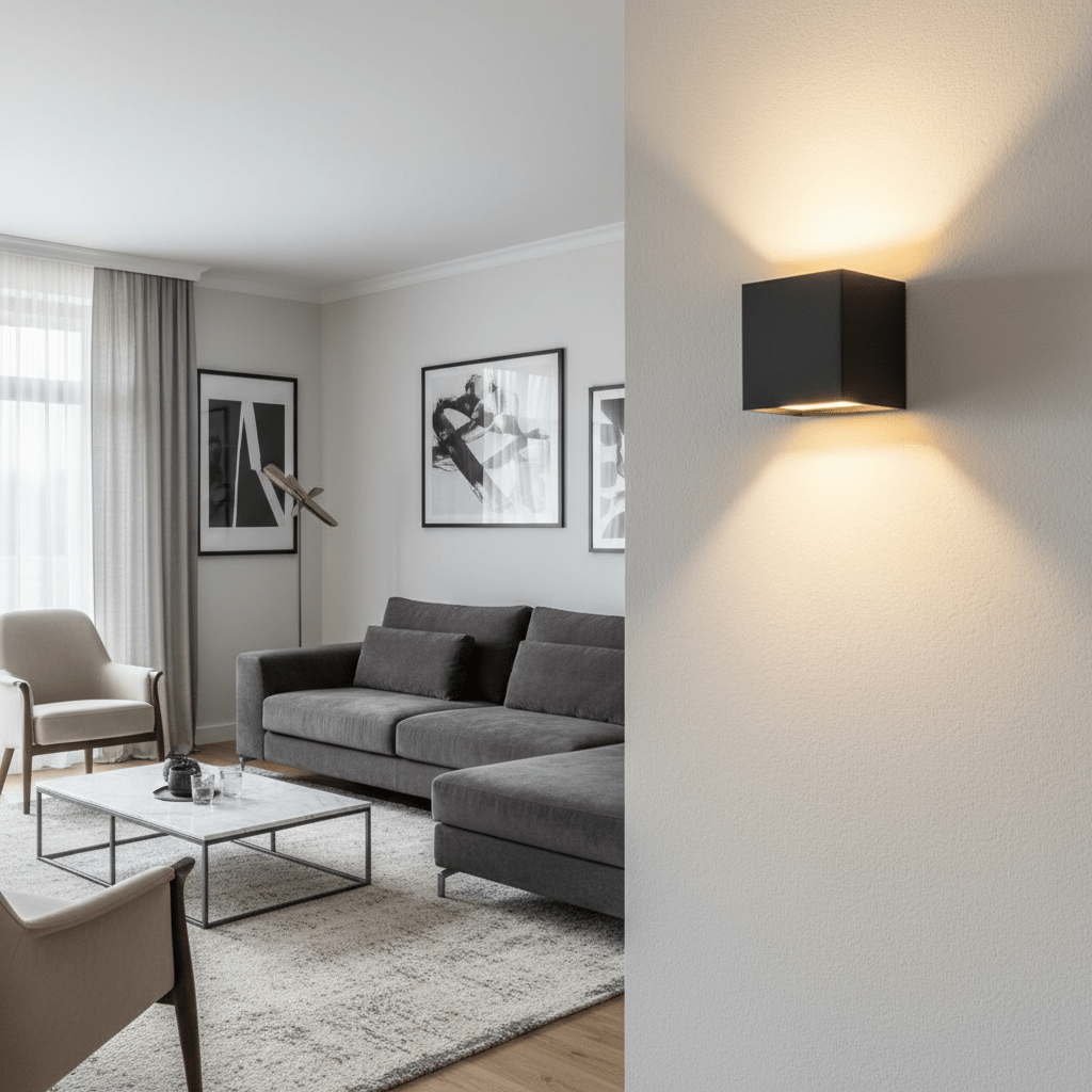 Applique cubique noire allumée sur un mur texturé, éclairant vers le haut et le bas, avec un salon moderne gris à gauche. 2