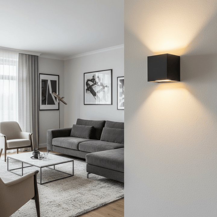 Applique cubique noire allumée sur un mur texturé, éclairant vers le haut et le bas, avec un salon moderne gris à gauche. 2