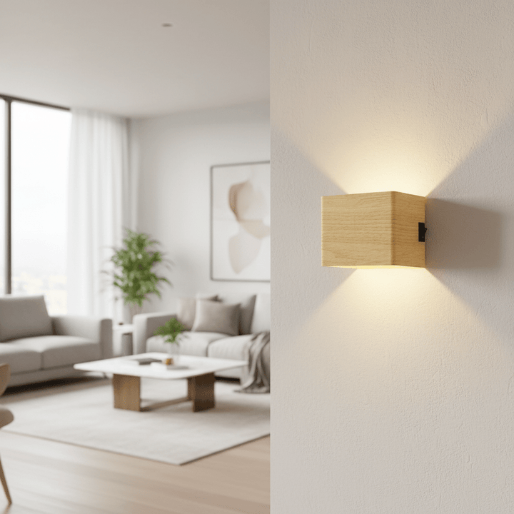 Applique cubique en bois clair avec petit interrupteur noir sur le côté, allumée sur un mur, devant un salon lumineux. 4