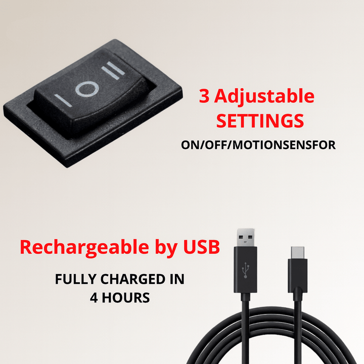 Gros plan sur l'interrupteur à trois positions et le câble de charge USB noir, avec des mentions sur la recharge en quatre heures. 6