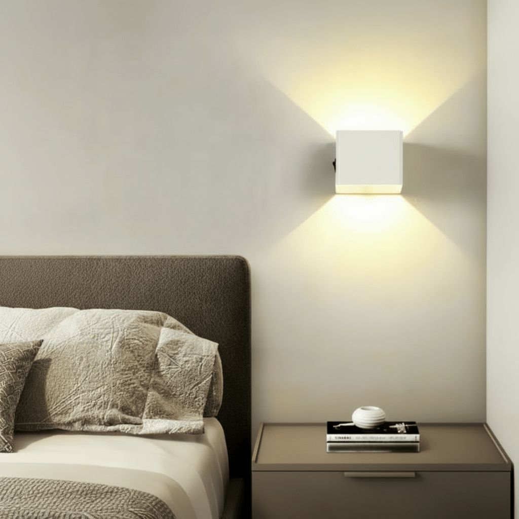 Applique cubique blanche allumée au-dessus d'une table de chevet, en tête de lit, diffusant une lumière chaude dans une chambre. 3