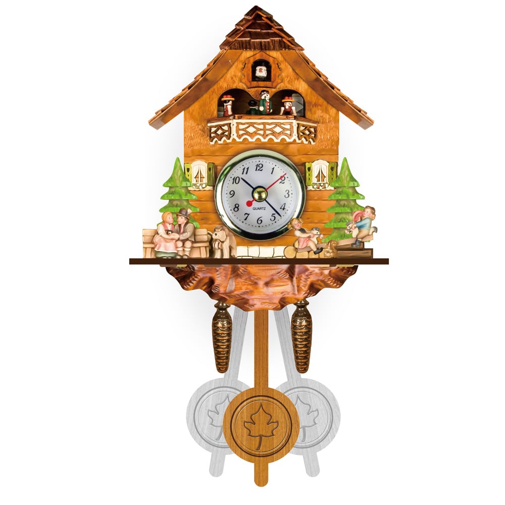 Chalet orangé avec cadran à quartz, couple assis sur un banc, enfants sur une bascule, chien et sapins. 7