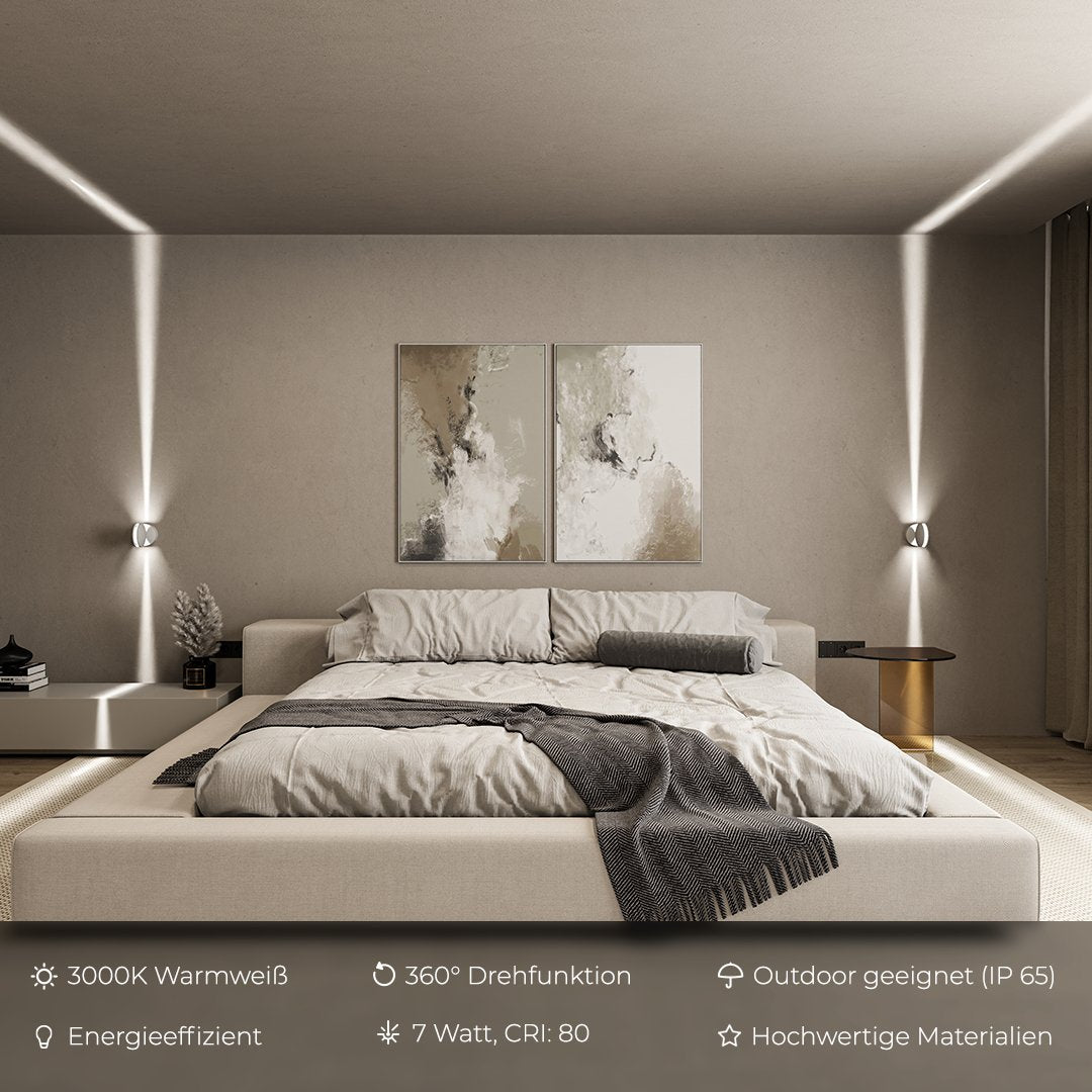Deux appliques blanches de part et d'autre d'un lit dans une chambre, projetant des faisceaux verticaux, avec pictogrammes des caractéristiques. 2