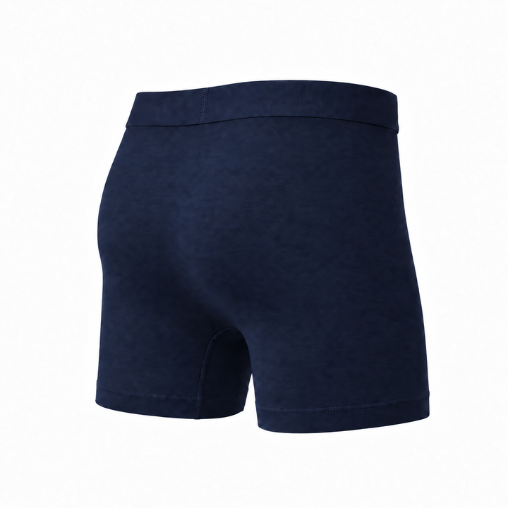Boxer bleu marine vu de dos en trois quarts, montrant l'arrière uni et la longueur de jambe. 5