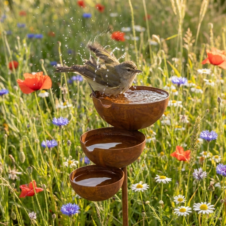 Oiseau secouant ses ailes dans la vasque supérieure, entouré de coquelicots, bleuets et marguerites sauvages. 2