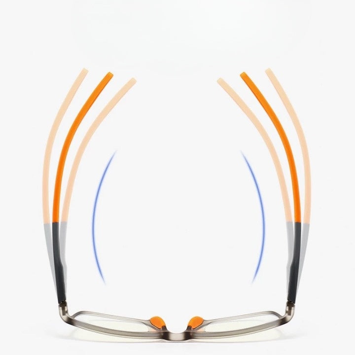 Vue de dessus de la monture montrant les branches orange souples qui s'écartent et se referment, illustrant leur flexibilité. 9