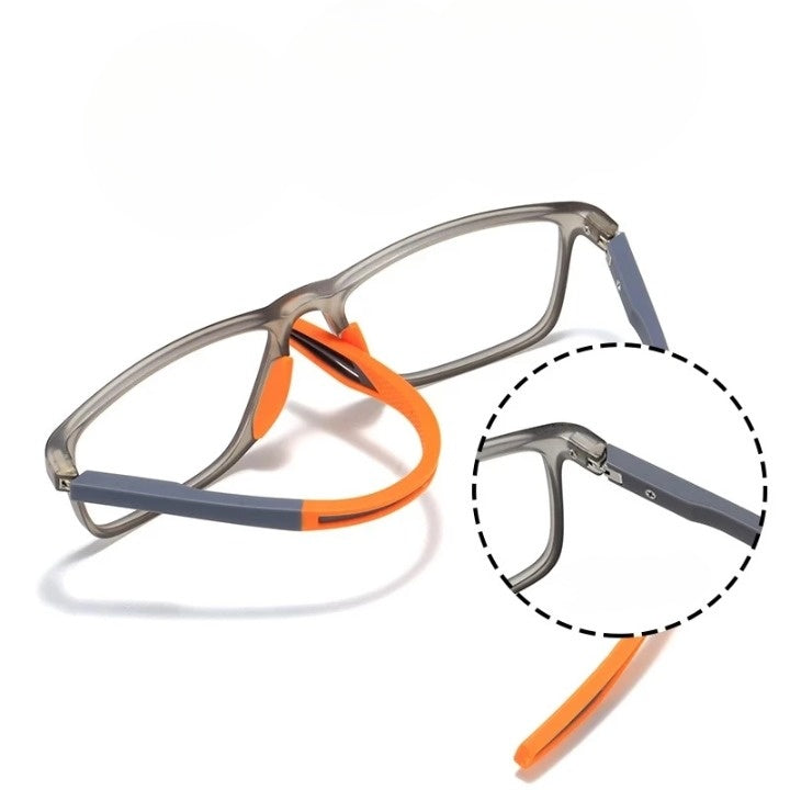 Monture grise et orange avec branche détachée et cercle de zoom sur la charnière à vis, détail de l'assemblage. 10