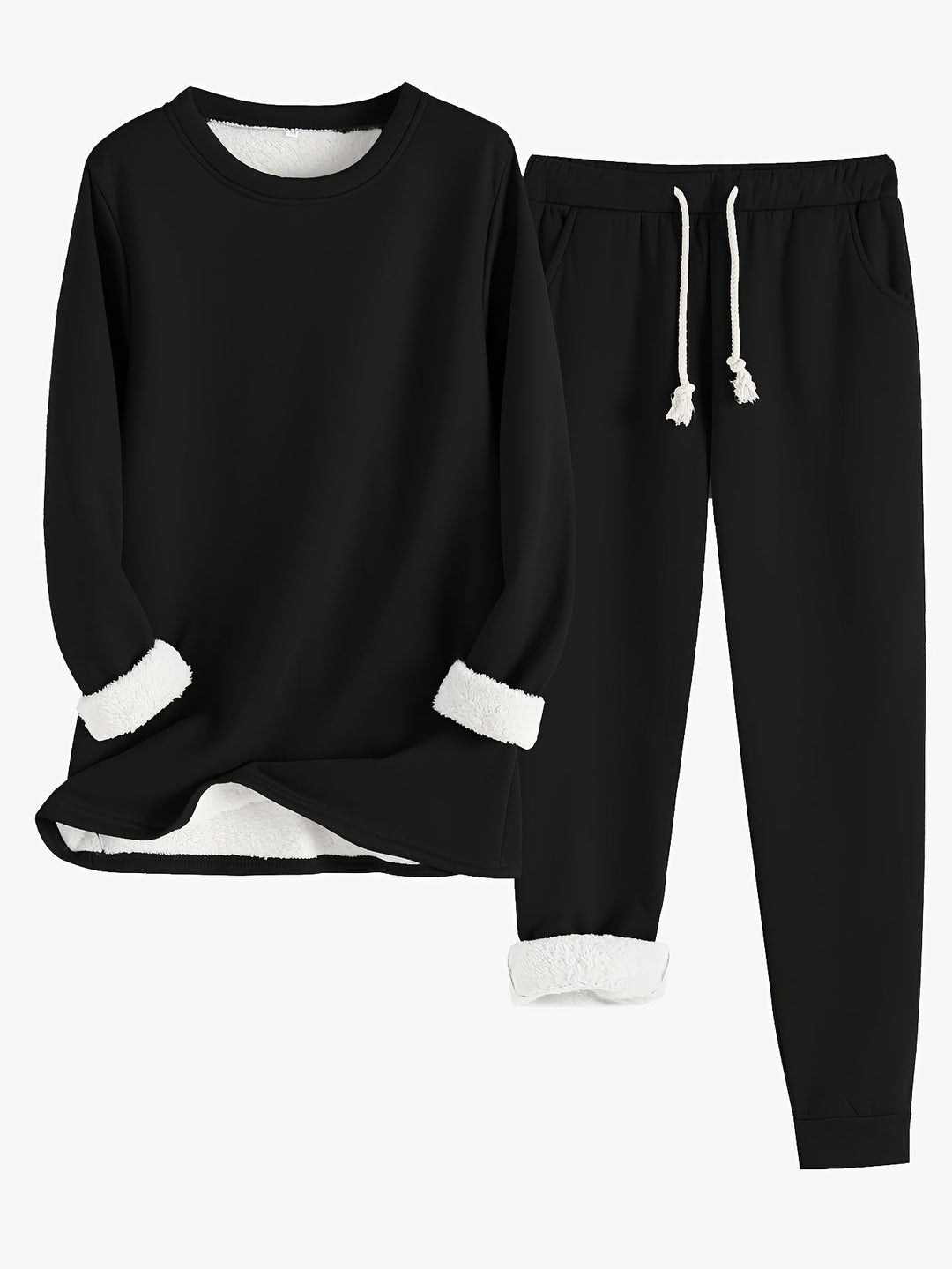 Ensemble noir pull et pantalon à cordon, intérieur peluche blanc contrastant aux poignets et à l'ourlet 4