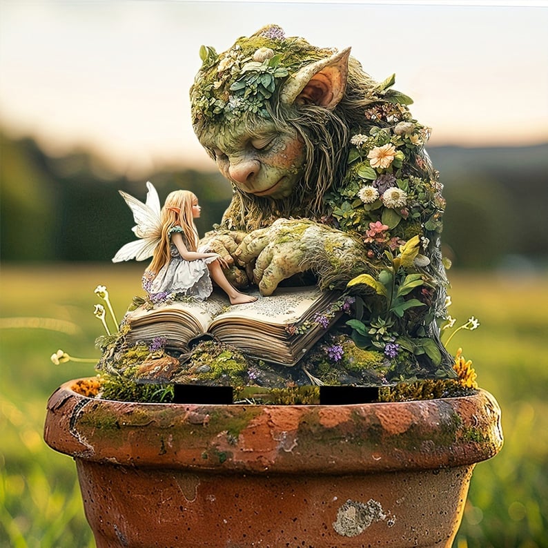 Tuteur du troll endormi et de la fée lisant, planté dans un pot en terre cuite patiné devant un champ au soleil couchant. 11