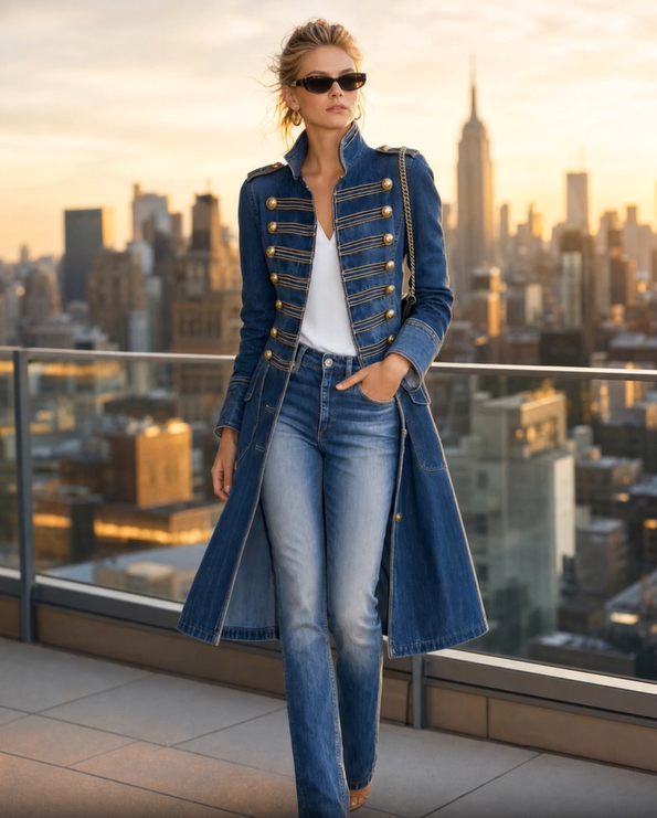Manteau en denim bleu porté sur une terrasse en hauteur au coucher du soleil, lunettes noires, sac à chaîne et ville en fond. 3
