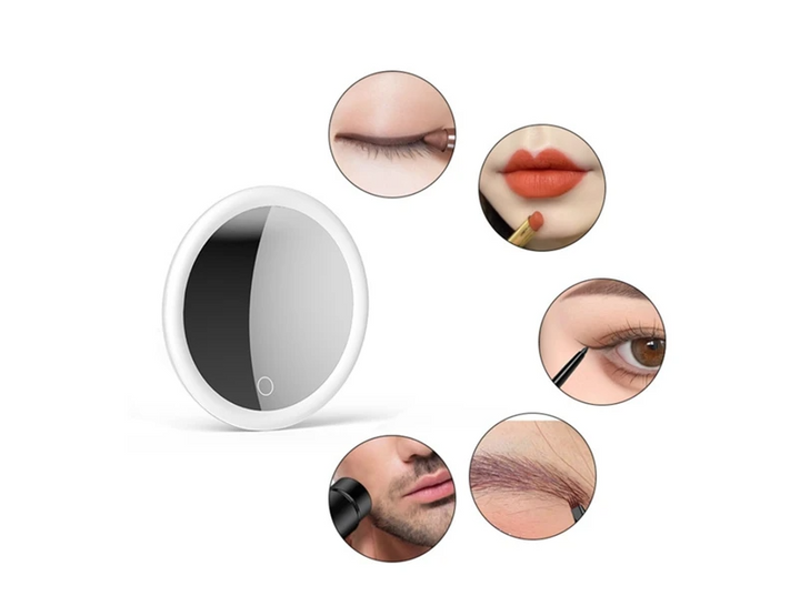 Miroir rond lumineux avec bouton tactile, entouré de vignettes de maquillage des yeux, des lèvres, des sourcils et de rasage 4