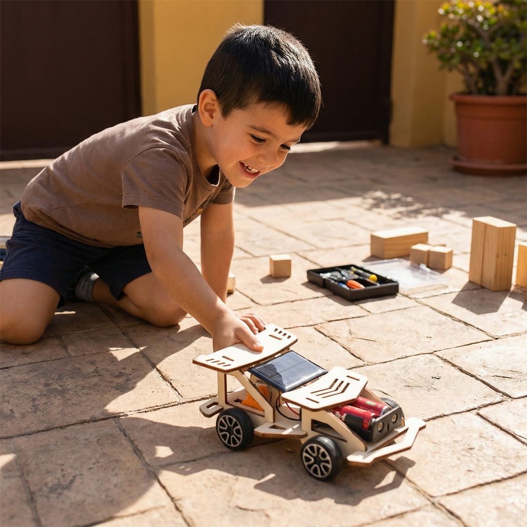 Enfant souriant jouant avec une voiture de course en bois à panneau solaire et piles, posée sur un sol dallé en extérieur. 7