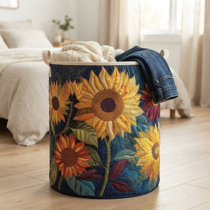 Panier à tournesols posé sur un parquet clair dans une chambre, contenant un pull en maille et un jean. 4