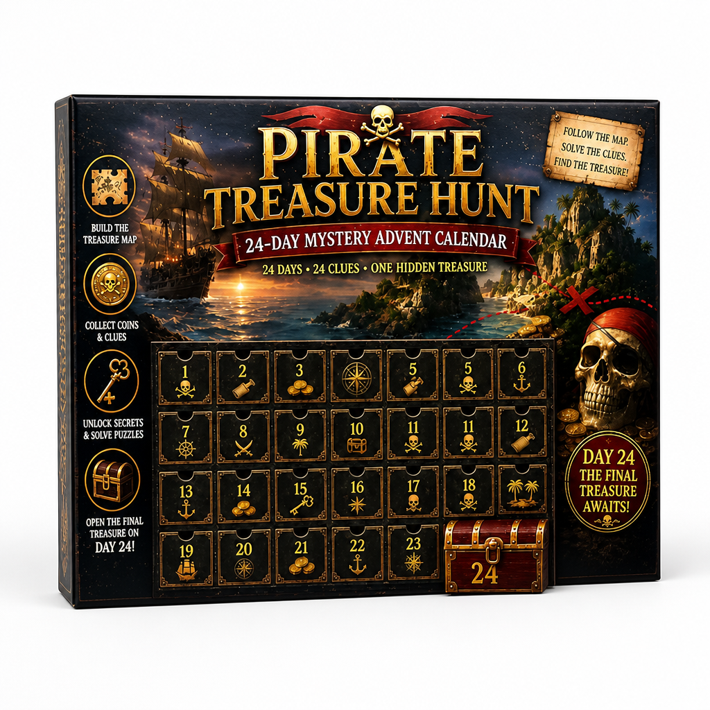 Boîte du thème chasse au trésor des pirates, avec galion, île, tête de mort et cases numérotées noires et or, coffre au jour 24. 8