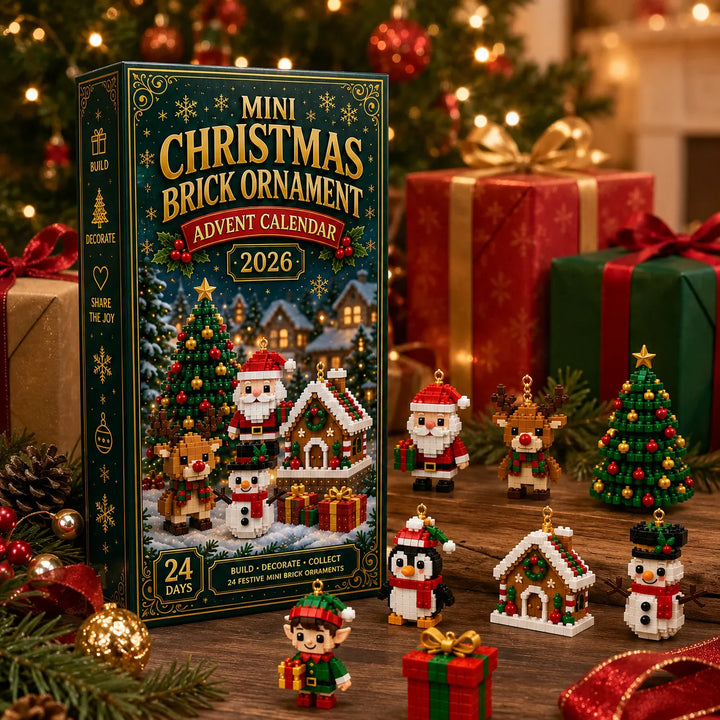 Boîte du calendrier près de cadeaux emballés et d'un sapin, avec huit figurines en briques alignées devant elle. 4