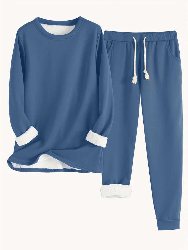 Ensemble bleu moyen pull et pantalon de jogging à cordon, doublure peluche blanche aux poignets et chevilles 14