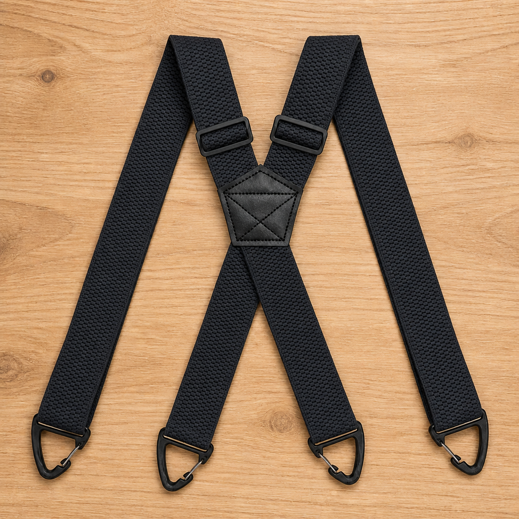 Bretelles noires en X à l'élastique texturé, pièce centrale piquée en simili cuir et quatre crochets noirs. 14