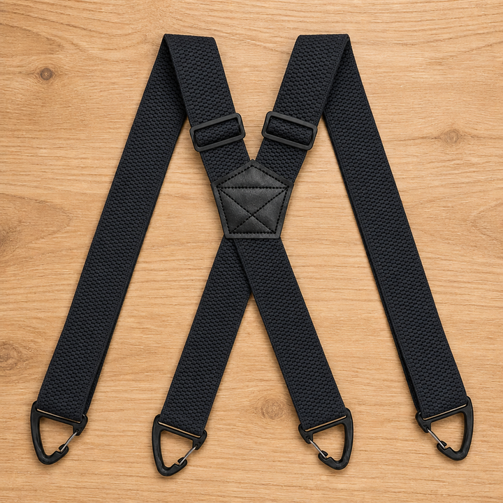Bretelles noires en X à l'élastique texturé, pièce centrale piquée en simili cuir et quatre crochets noirs. 14
