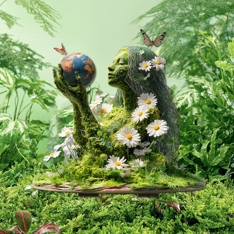 Tuteur d'une femme de mousse de profil tenant un globe terrestre, parsemée de marguerites, avec des papillons dans un feuillage dense. 6
