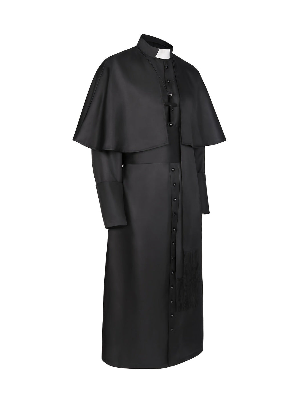 Costume noir vu de côté, montrant la cape, les manches à large revers et la longue robe boutonnée 4