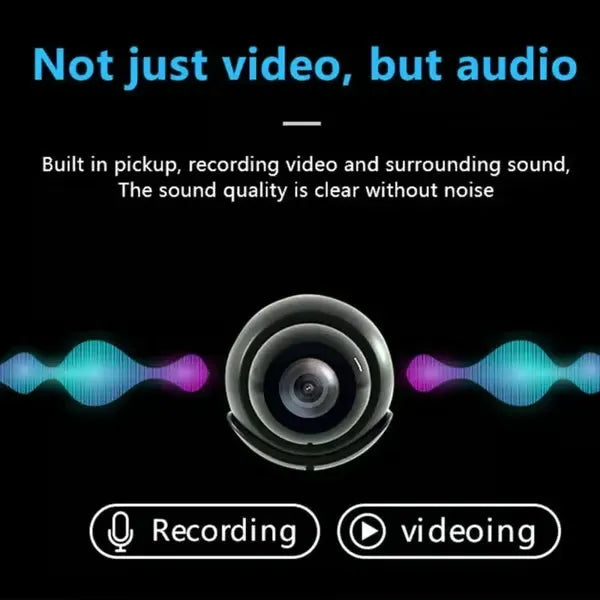 Caméra noire ronde vue de face entre des ondes sonores colorées, illustrant l'enregistrement du son en plus de la vidéo. 2
