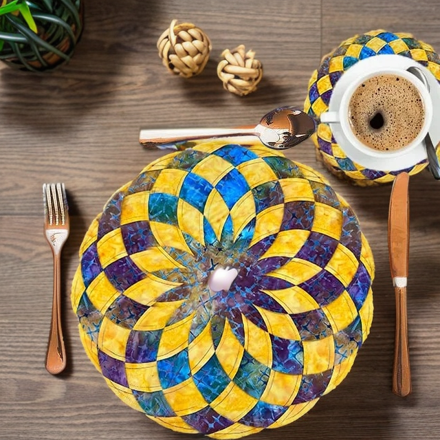 Set de table circulaire en patchwork jaune, bleu et violet dressé avec fourchette, cuillère, couteau et une tasse de café sur table en bois. 6