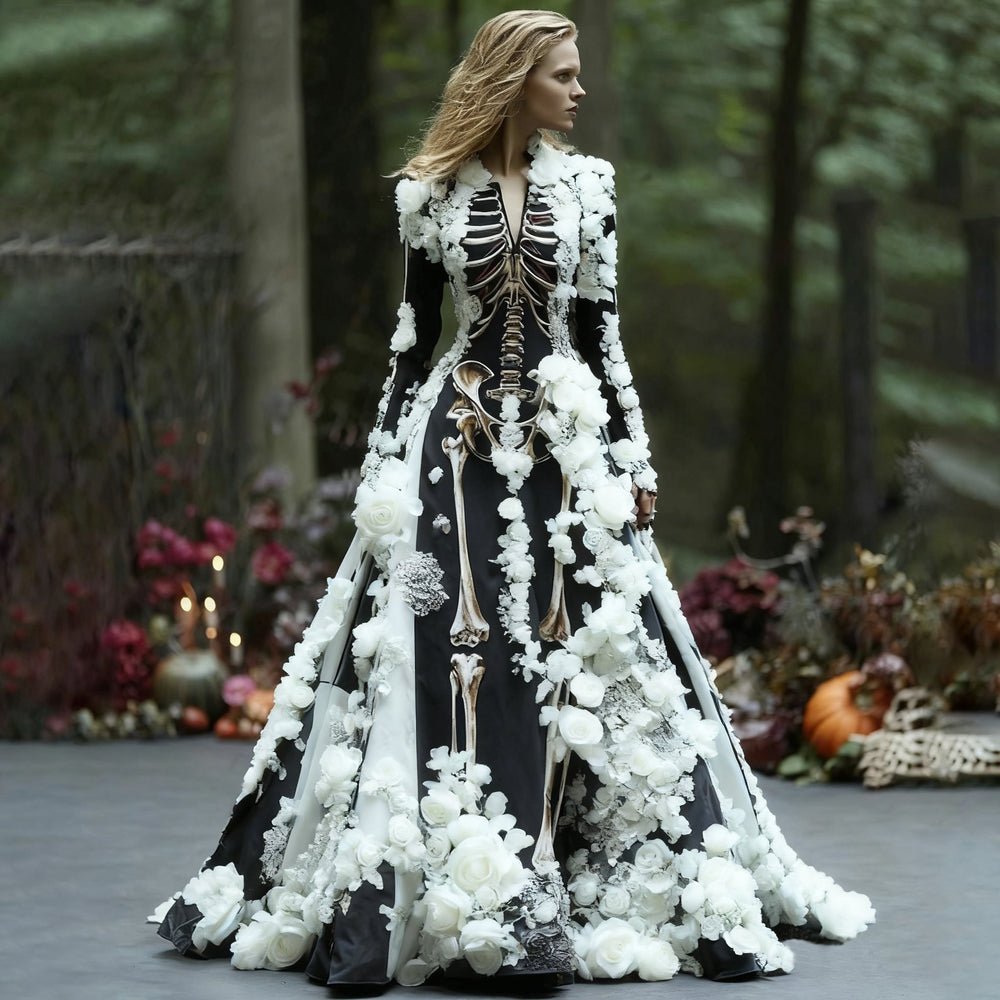 Mannequin portant la robe noire au squelette imprimé, décorée de roses en relief blanches, dans un décor de forêt d'automne. 2