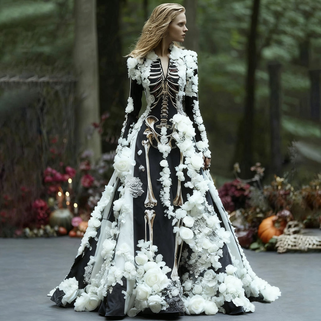 Mannequin portant la robe noire au squelette imprimé, décorée de roses en relief blanches, dans un décor de forêt d'automne. 2