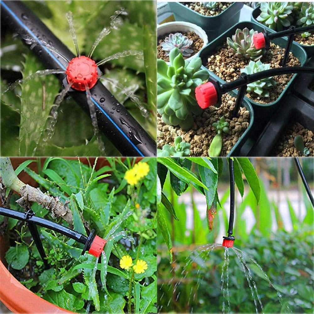 Quatre vues du goutteur en usage : sur tuyau, auprès de succulentes, dans un pot de fleurs et en hauteur. 6