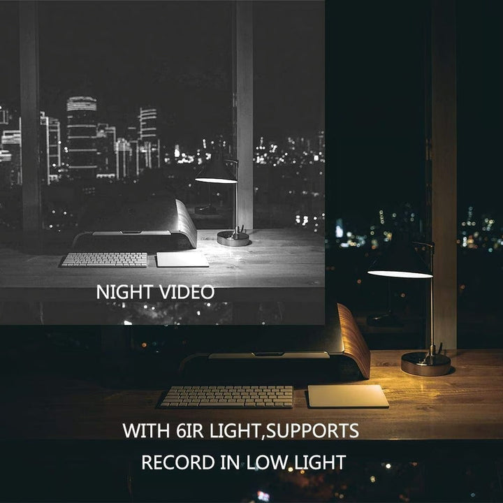 Bureau avec lampe et clavier de nuit, vue infrarouge en noir et blanc à gauche et vue sombre à droite. 3