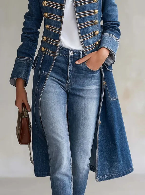 Gros plan en buste coupé sur le manteau en denim bleu : galons dorés, poches à rabat, manchette retournée et main dans la poche. 6