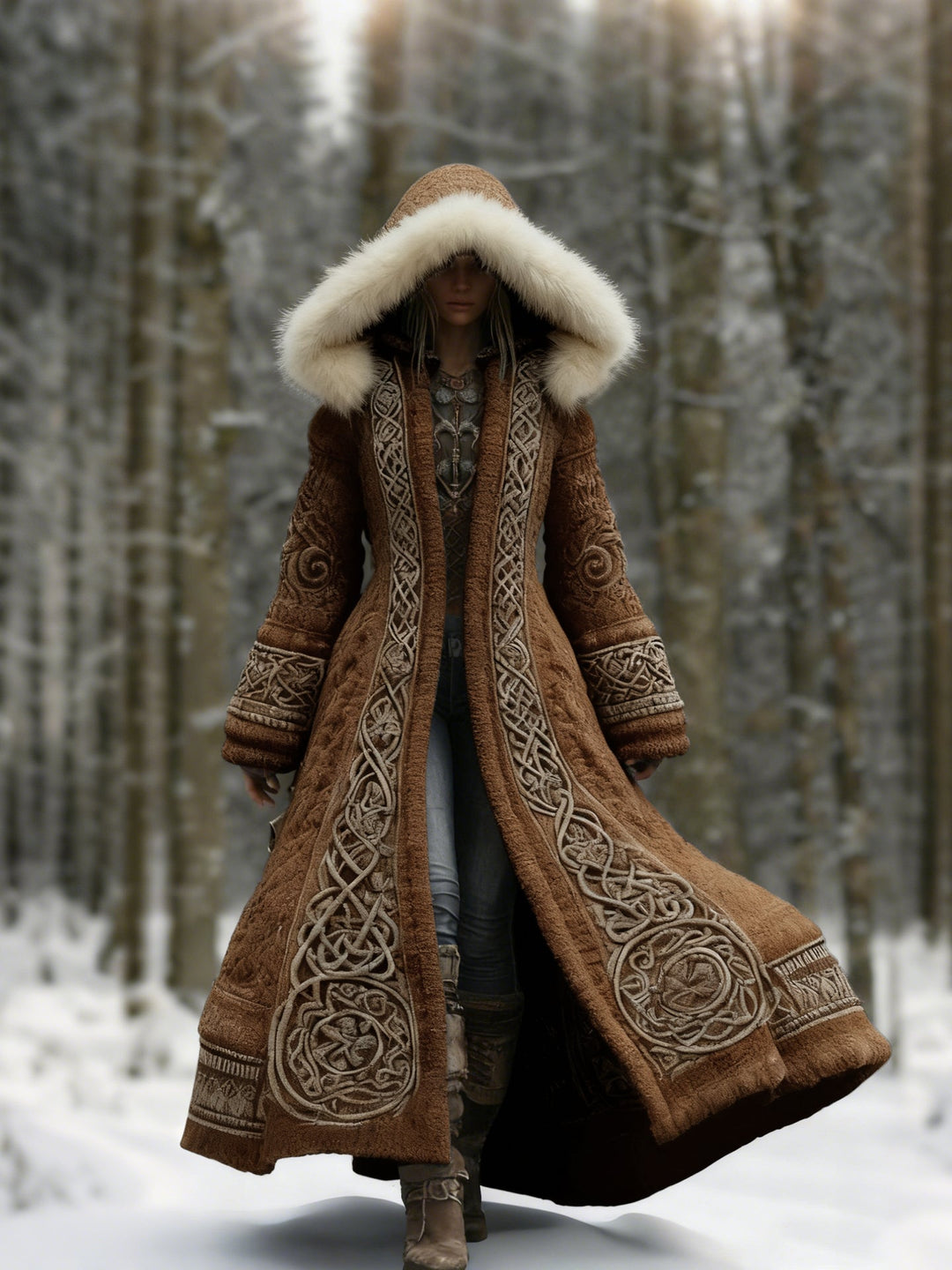 Même manteau en version marron, capuche à bord de fourrure, porté sur un chemin enneigé 4