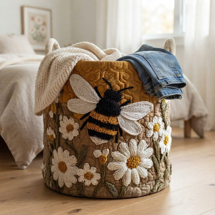 Panier brodé d'une abeille et de marguerites débordant d'un gilet en maille crème et d'un jean, posé au pied d'un lit. 6