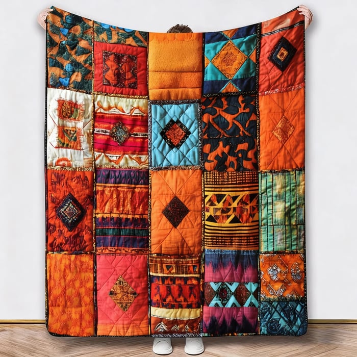 Autre modèle de couverture patchwork orange, rouge et turquoise à motifs géométriques, tenue à bout de bras 3