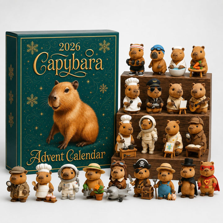 Boîte verte à motifs dorés de flocons à côté des 24 figurines de capybara déguisés, disposées sur des gradins en bois. 1