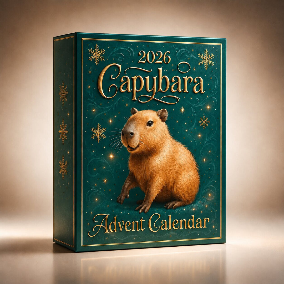 Boîte verte du calendrier vue en trois quarts sur fond beige dégradé, avec un capybara illustré, des flocons et des étoiles dorés. 7